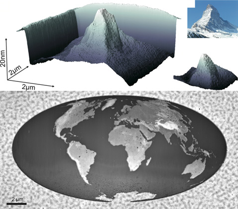 Для создания горы кремниевой головке пришлось снимать 120 слоёв вещества. Карту мира (внизу), состоящую из 500 тысяч пикселей, каждый площадью 20 нм<sup>2</sup>, создавали в течение 2 минут 23 секунд (иллюстрации Science/AAAS и Advanced Materials).